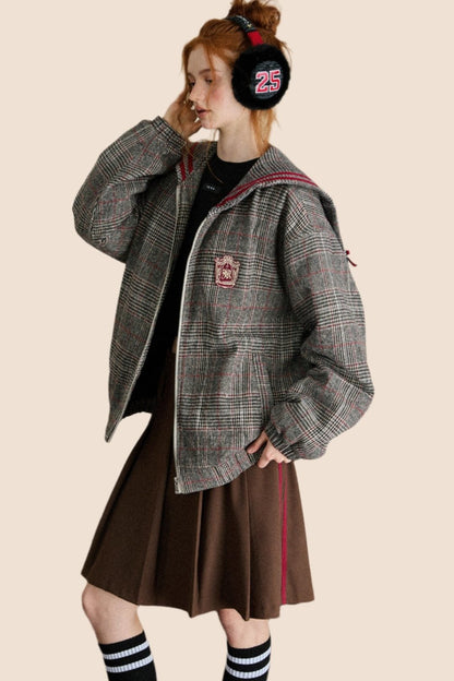 EZEK AMERIKANISCHEN VINTAGE-KARO-KAPUZENJACKE VARSITY JACKE FRAUEN FRÜHEN HERBST NEUE LOSE KLEINE DUFT JACKE TOP TREND