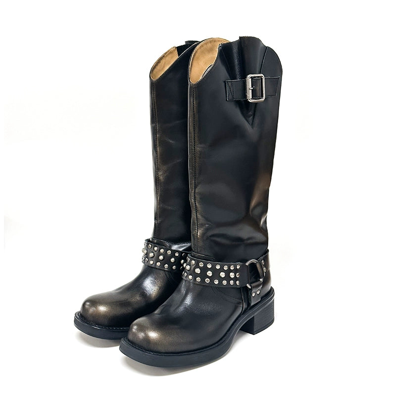 Vintage Stud Square Toe Tall Boots Shoes