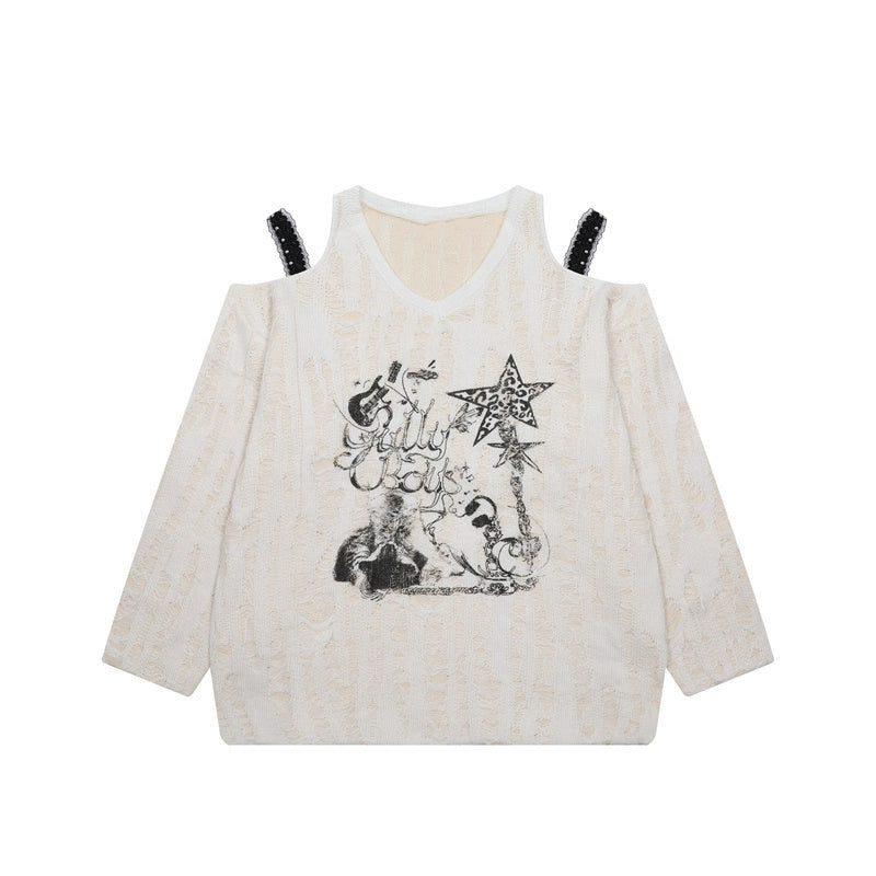 Hole Design Slope Shoulder T-Shirt