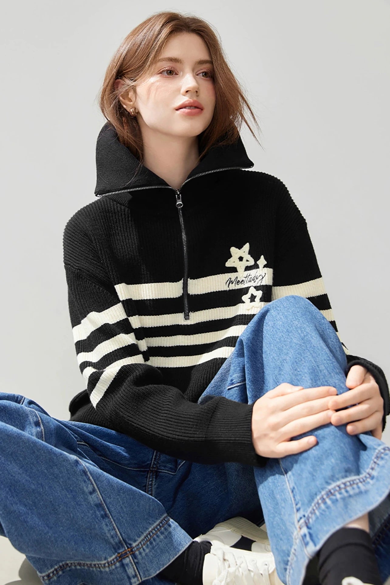 Athleisure Half Zipper Striped Sweater