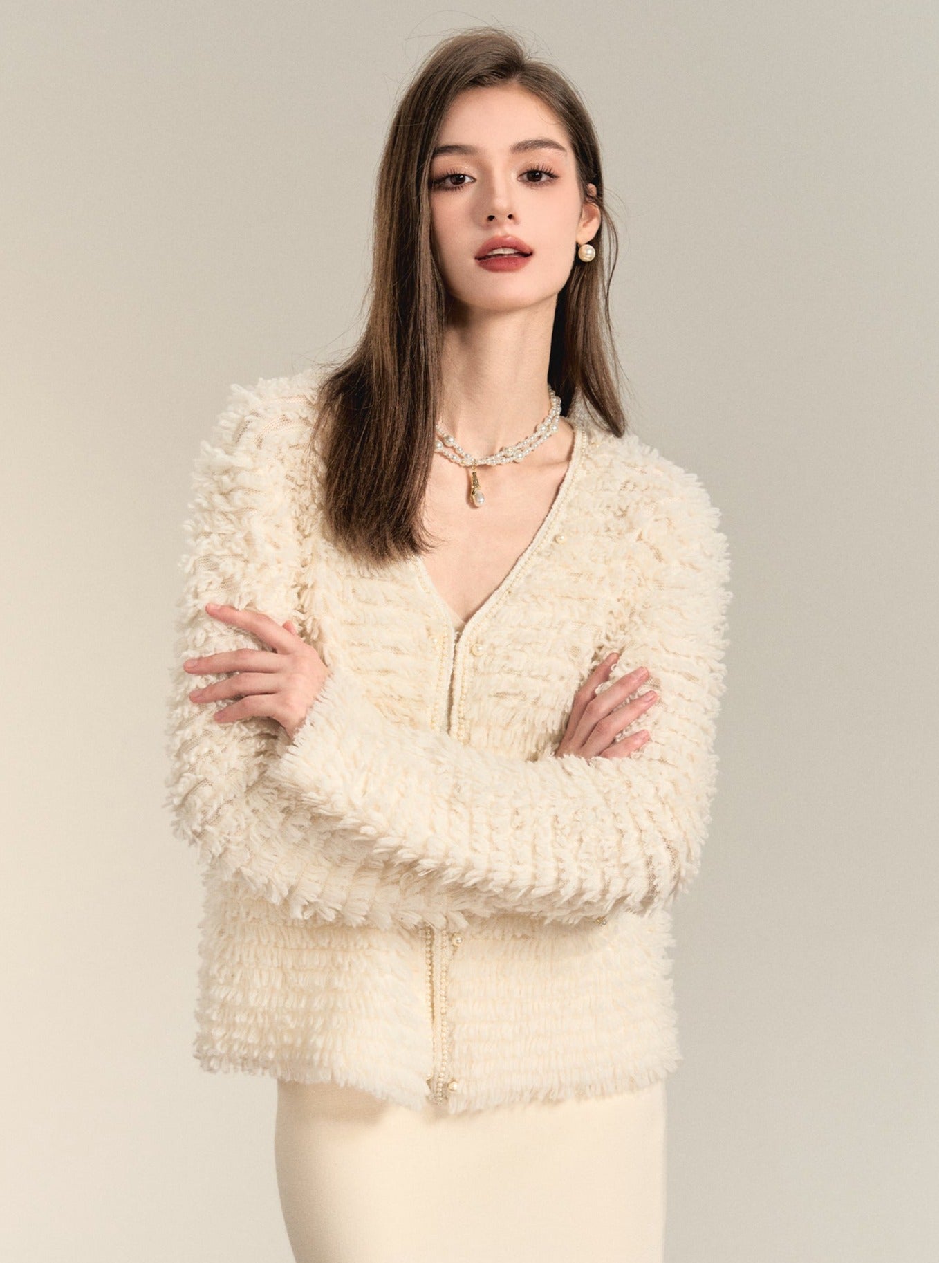 Long Sleeved Beaded Wool Coat