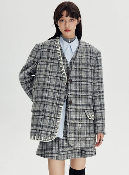 Plaid pleated small coat with skirt set