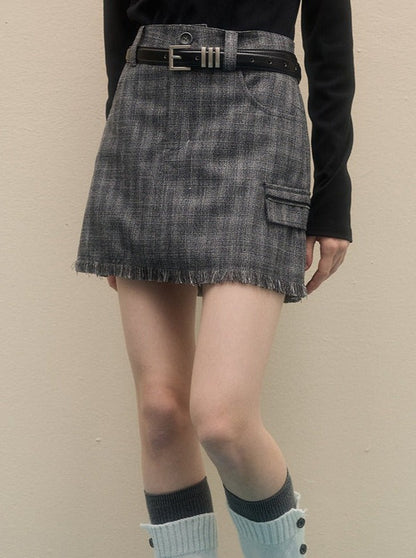 High Waist Slim Plaid A-line Fringed Skirt