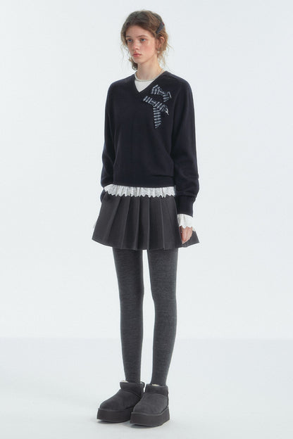 Bow Detail Checked V-Neck Jumper