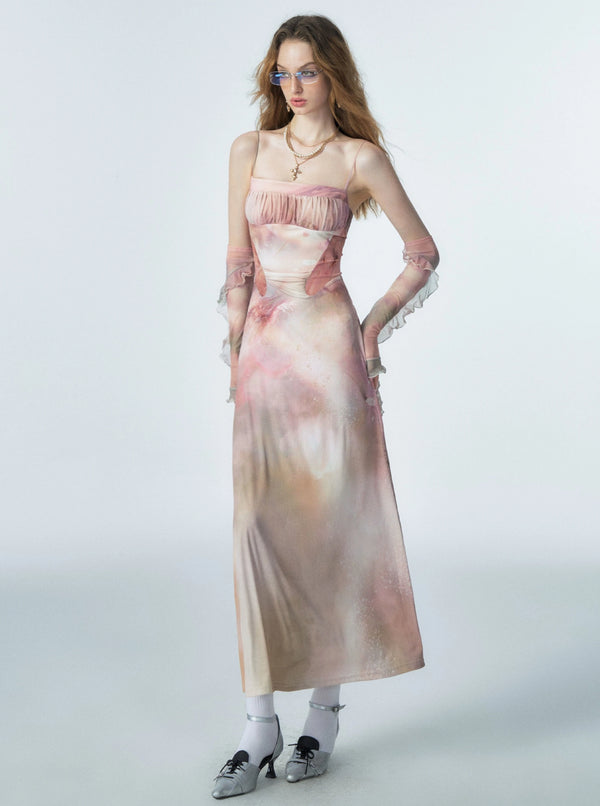 Printed Mesh Panel Slip Dress