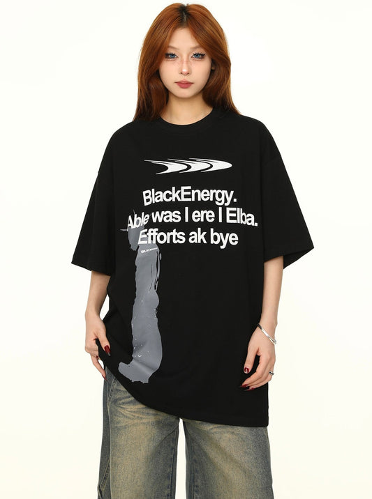 American Retro Black Loose Print T-Shirt