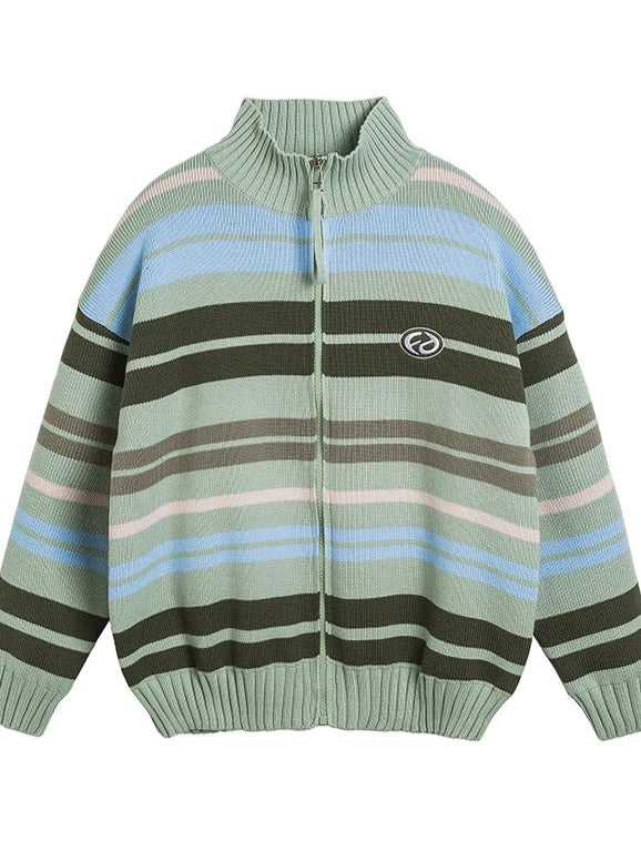 striped half-turtleneck knitted cardigan coat