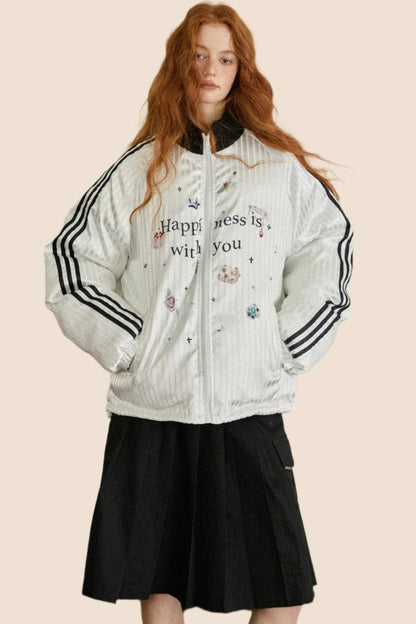 EZEK Fun Letter Print Gestreifte Ärmel Sportliche Kontrast Stand Kragen Jacke Frauen Frühherbst neue Top