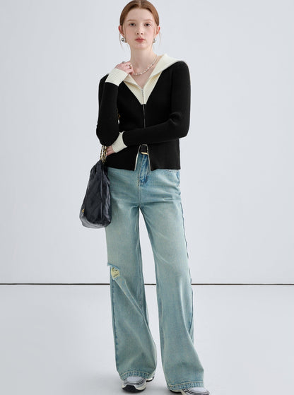 Retro Slim Ripped Wide-leg Straight Pants