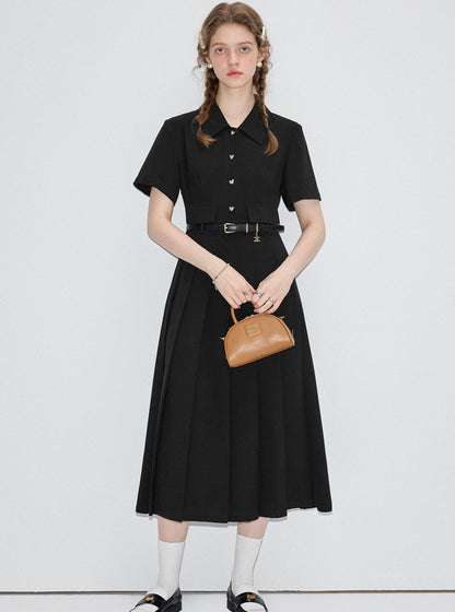 Slim Pleated Black Shirt Dress