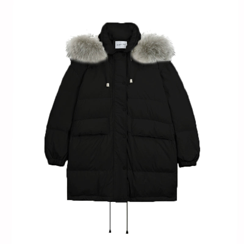 Korean Big Fur Thick Midi Down Jacket