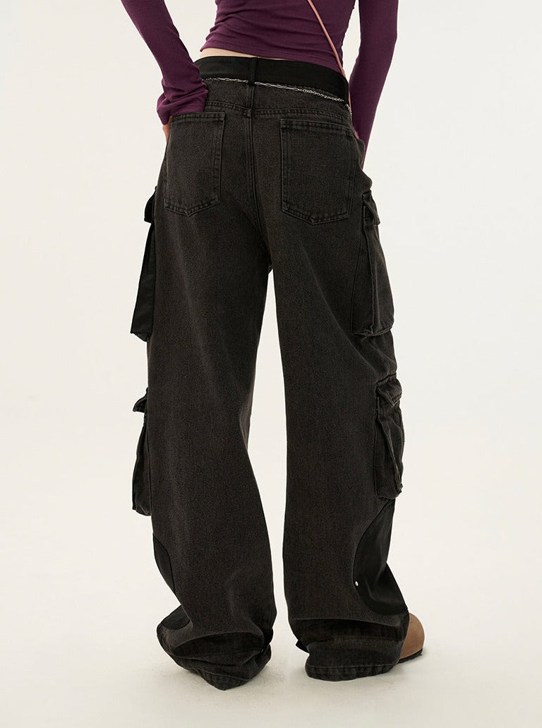 leather wash cargo jeans pants