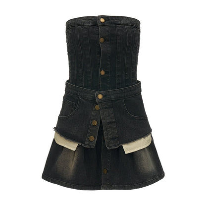 MAMC distressed washed washed wrap breast slim denim skirt autumn new high-end temperament fashion design sense dress