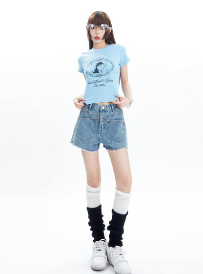 Denim cat printed short sleeved T-shirt