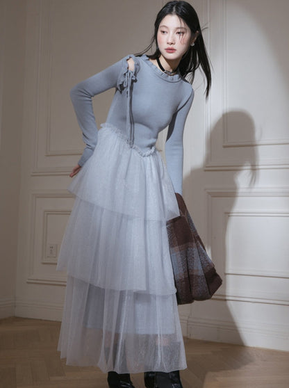 Blue wool patchwork dress