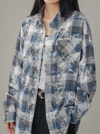 Distressed Mottled Plaid Long Sleeve Shirt