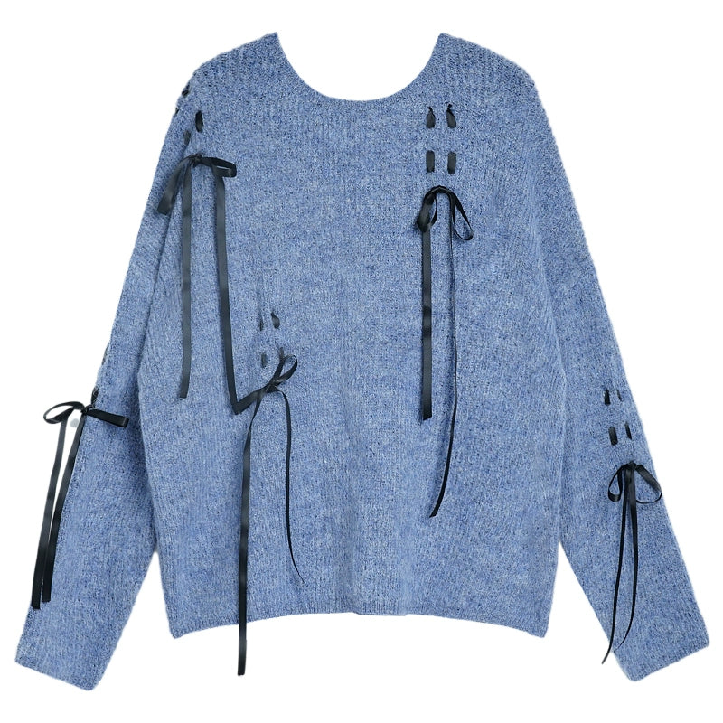 Lace-up Bow Crew Neck Sweater Loose Top