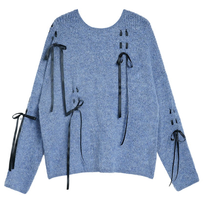 Lace-up Bow Crew Neck Sweater Loose Top
