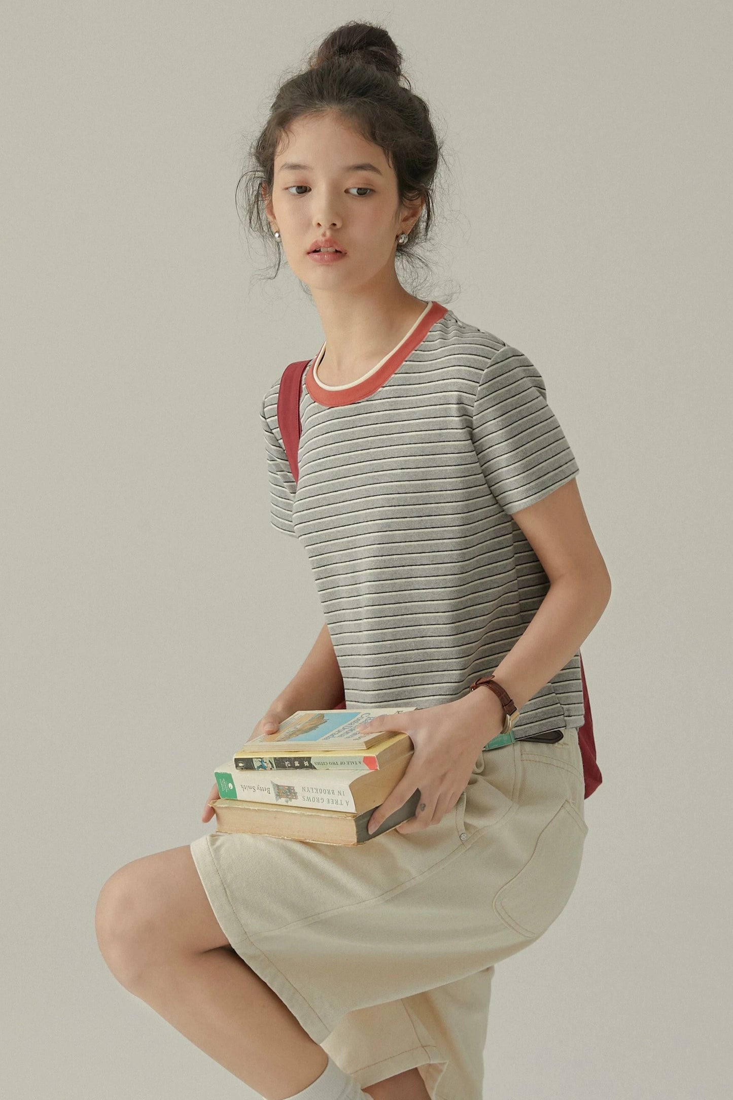 Contrast Double Collar Striped T-Shirt