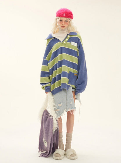 Irregular color contrast striped zipper sweater