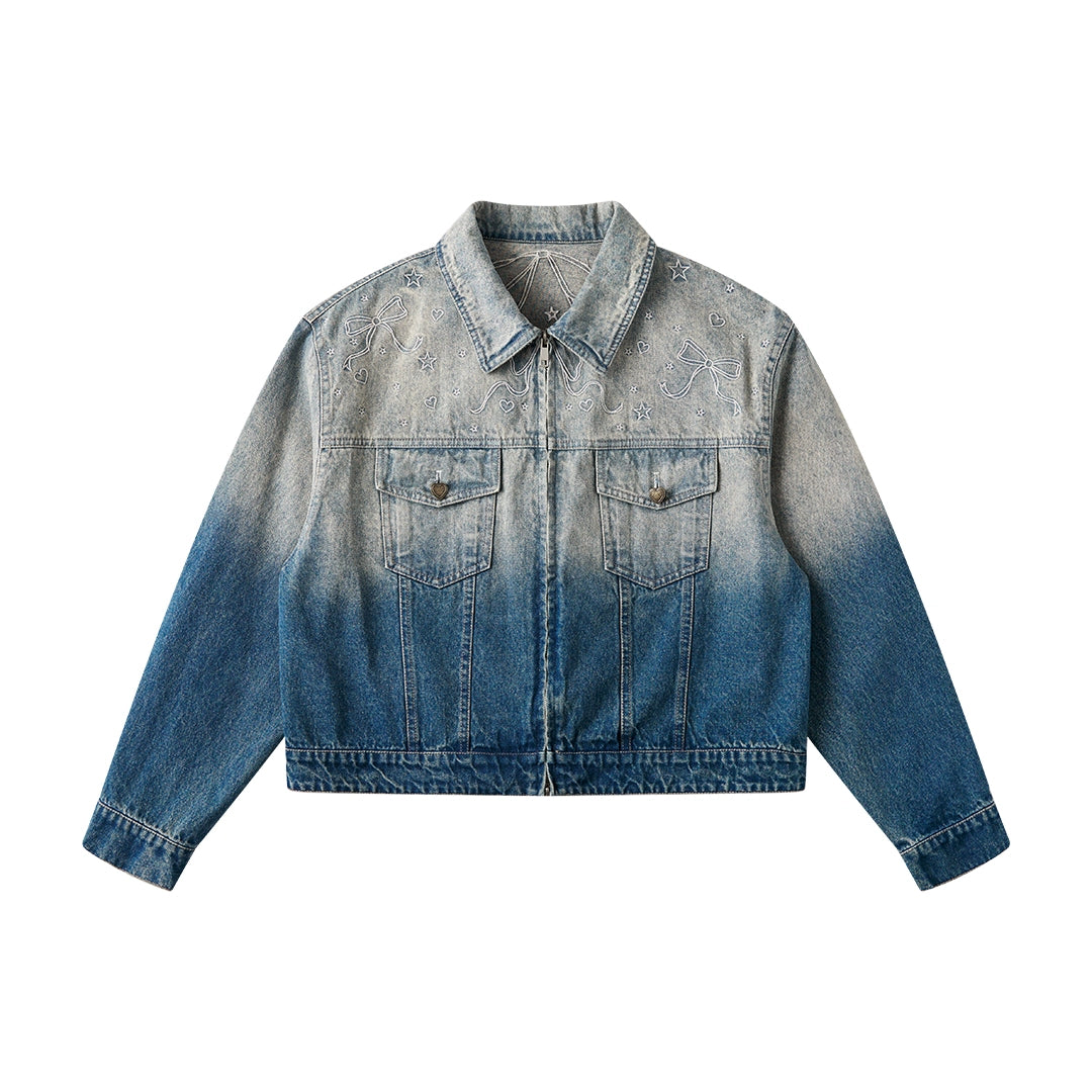 LOLOL ® 24FW Blue Gradient Denim Jacket Women's 2024 Irregular Bow Cropped Jacket Top