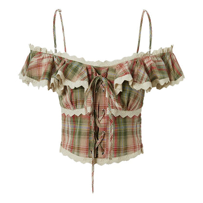 Chemisier rétro à carreaux à épaules dénudées