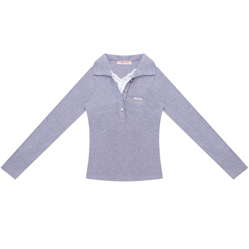 American Lace Polo Collar Knit Top