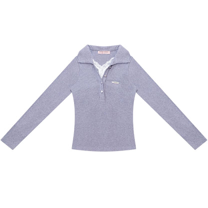 American Lace Polo Collar Knit Top