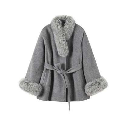 Fur Collar Lace-Up Coat Set-Up