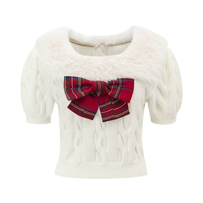 Fur Collar Tops Red Plaid Skirt 2-piece Set