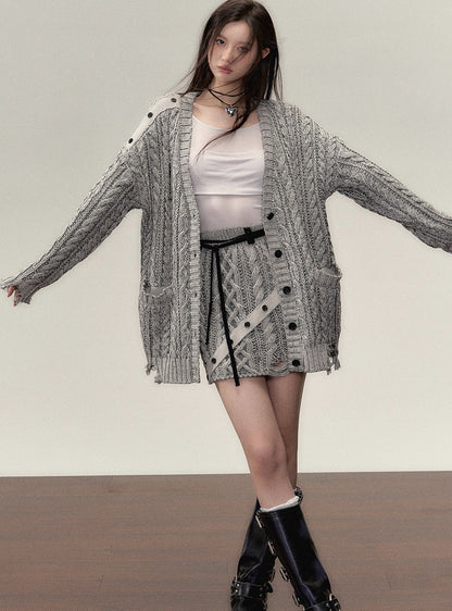 Midi slouchy knitted cardigan with skirt set