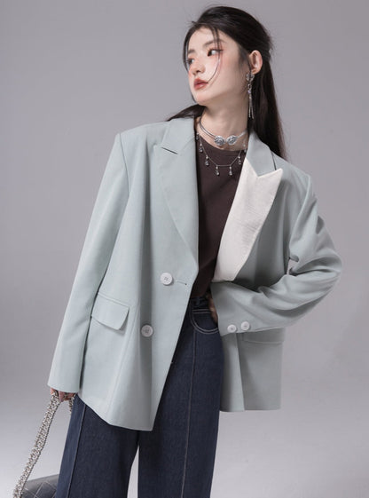 Lapel color-block blazer coat