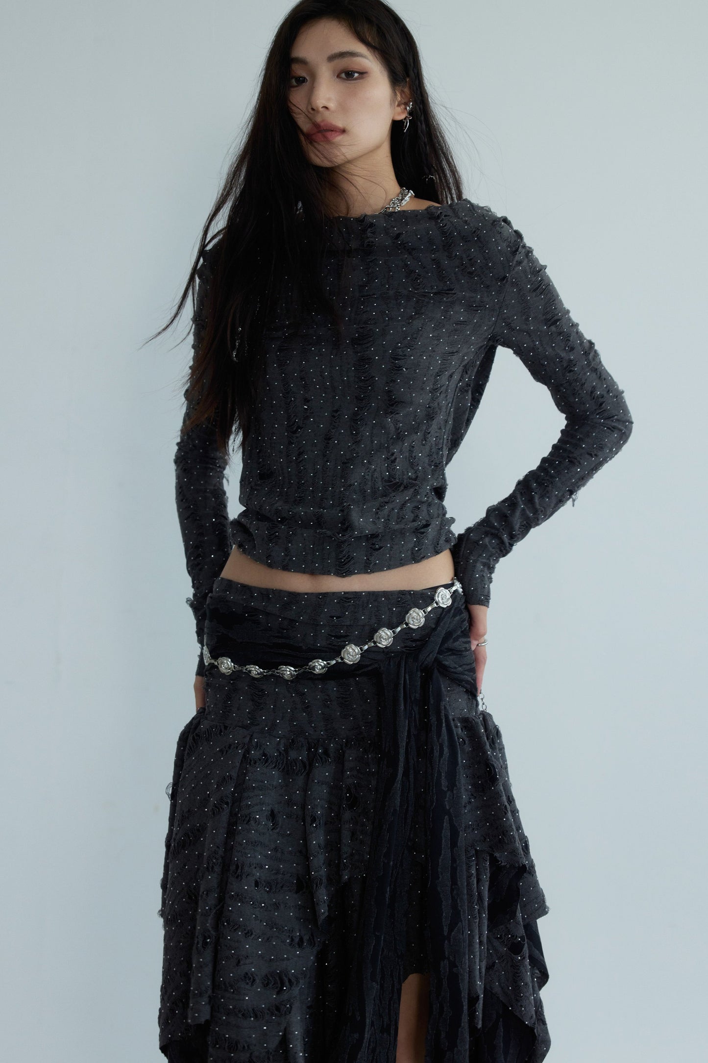 DARK STRAY DISTRESSED KNITTED T SKIRT SET