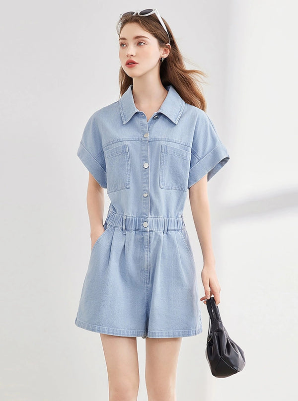 Denim Cargo Shorts Jumpsuit