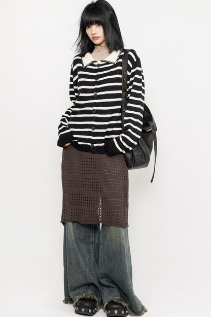 Vintage Striped Lapel Knit Sweater