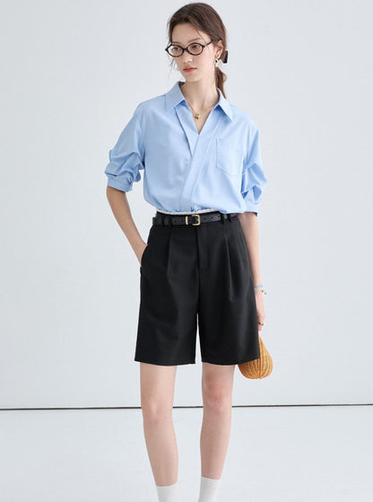 French V-Neck Casual Shirt And Skirt Set-Up