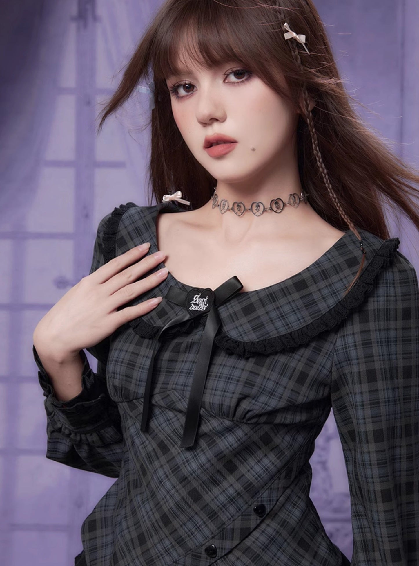 Doll Collar Long Sleeve Plaid Top