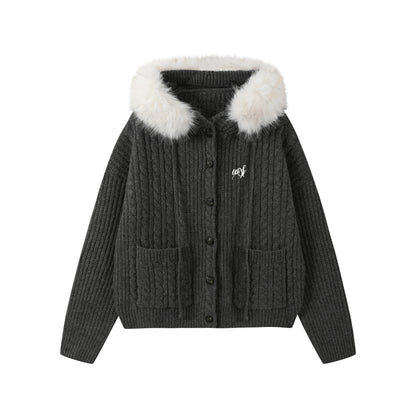 Fur Collar Knitted Jacket Set-Up