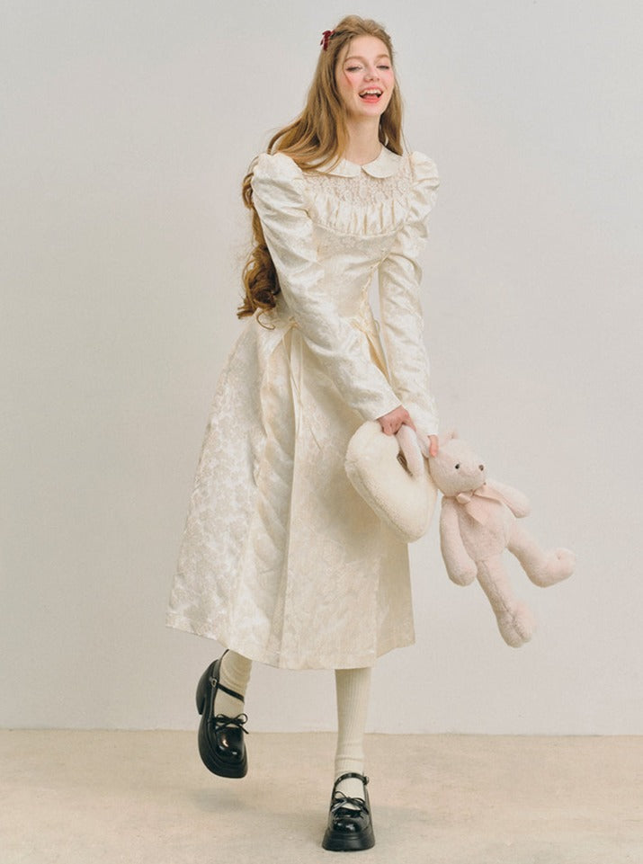 Snow puff sleeve jacquard lace-up dress