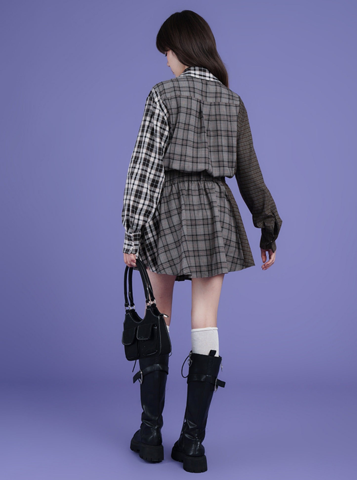Sweet and patchwork plaid loose shirt dress