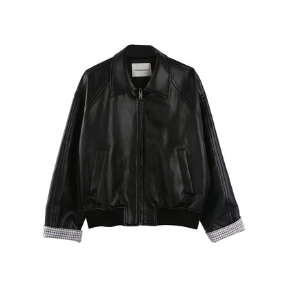 Black Lapel Short Leather Jacket