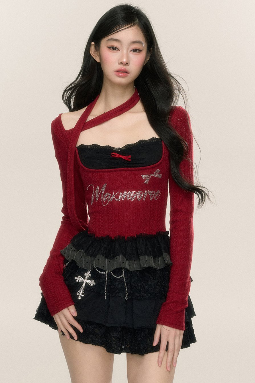 Slim Lace Halterneck Long-Sleeve T-Shirt