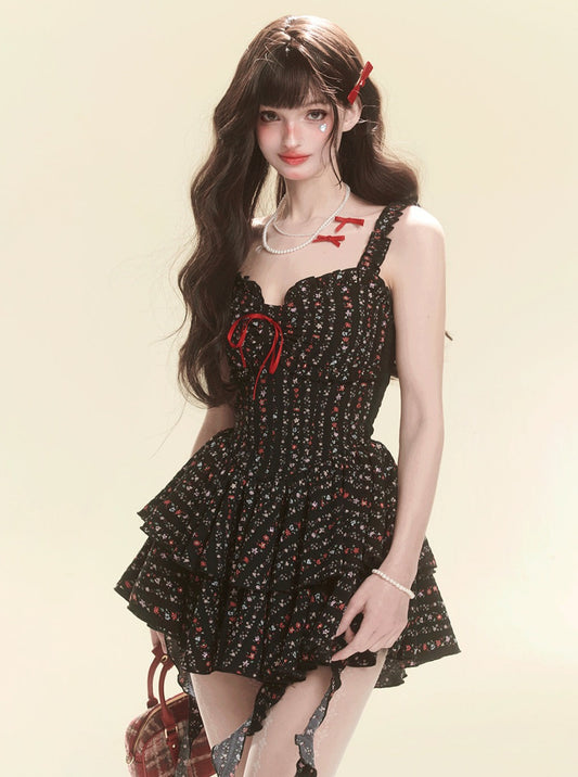 Thin Waist Black Floral Dress