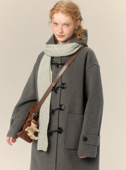 hooded mid-length horn button woolen coat