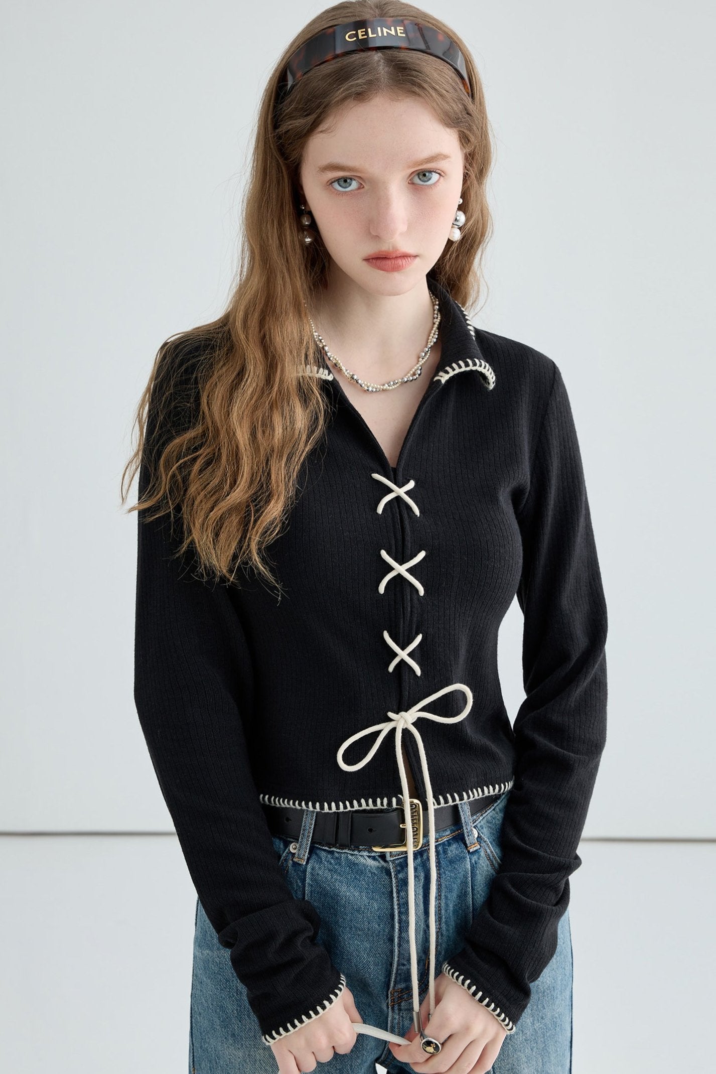 Fall Lace-Up Knit Sweater