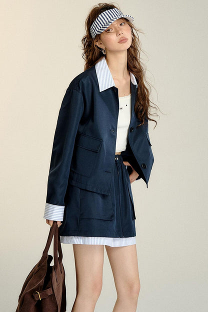 Patchwork Striped Trench Coat Skirt Set-Up