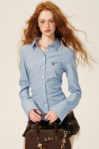 French Striped Blue Polo Collar Long Sleeve Top