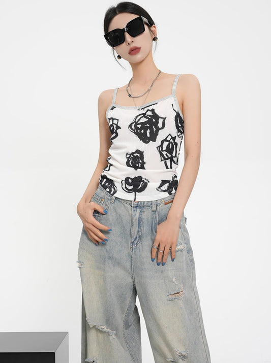 SRYS Street Niche Rose Blume Design Sense Print Camisole Top Worn Over Top Sommer neue Damenmode