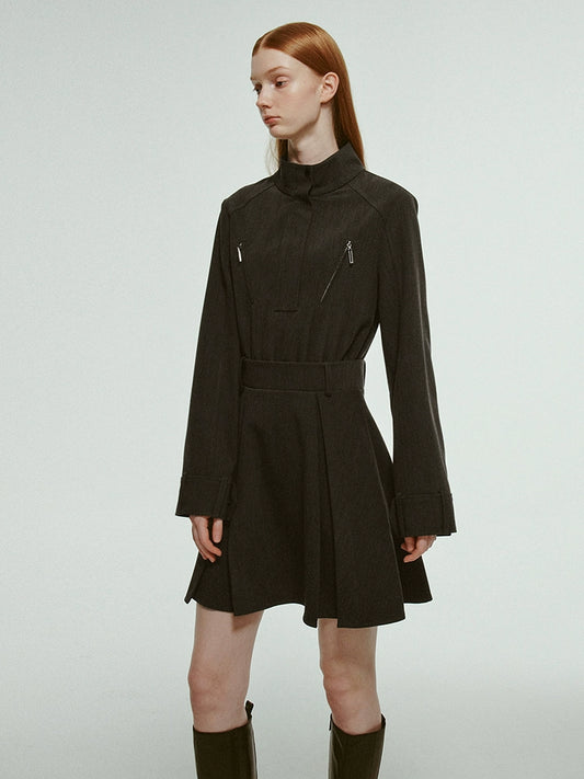 Stand Collar Pleated Trench Coat Dress