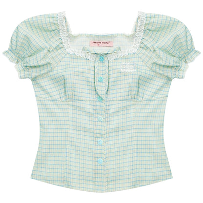 Plaid Bubble Sleeve Blouse